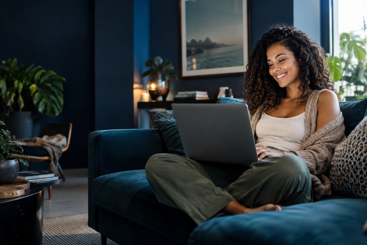 Mulher usando um notebook no sofá de casa